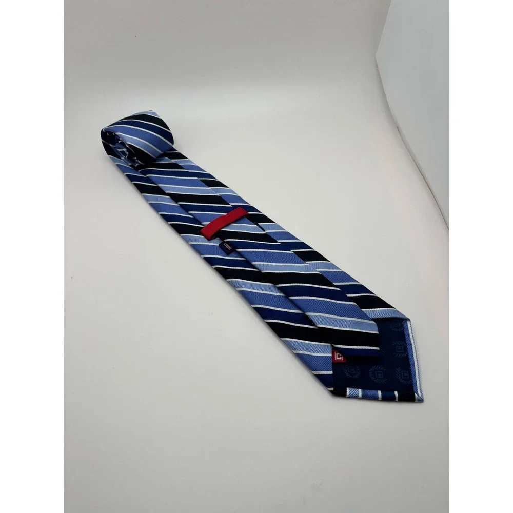 Chaps Mens Silk Necktie Blue Navy White Diagonal Striped Handmade Business Tie